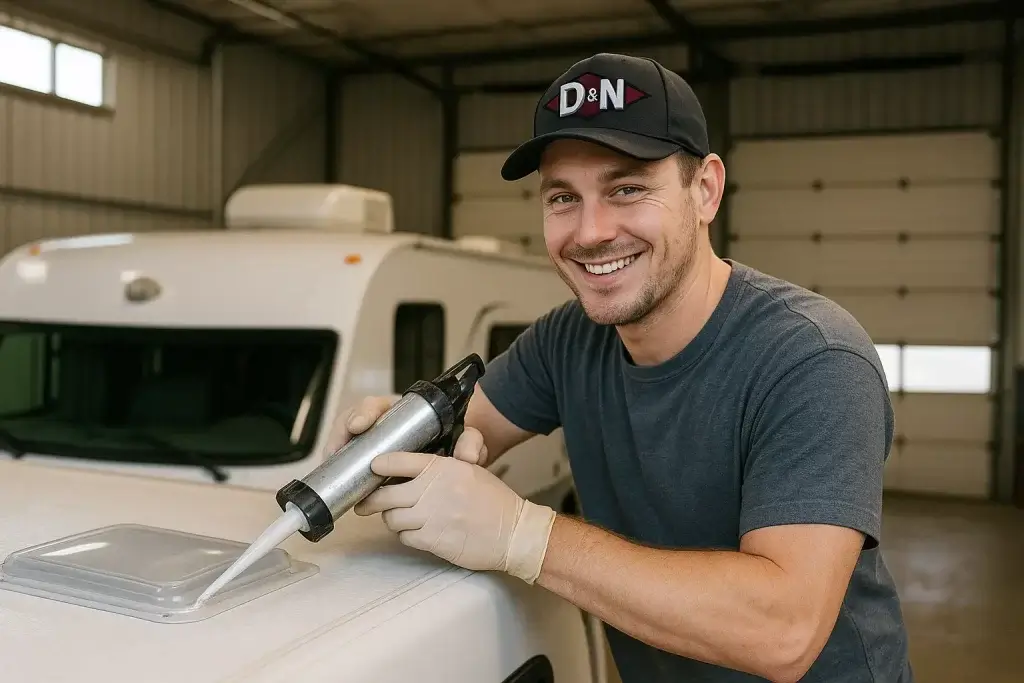 RVTI certified technician performing RV roof seal repair in Guntersville Alabama